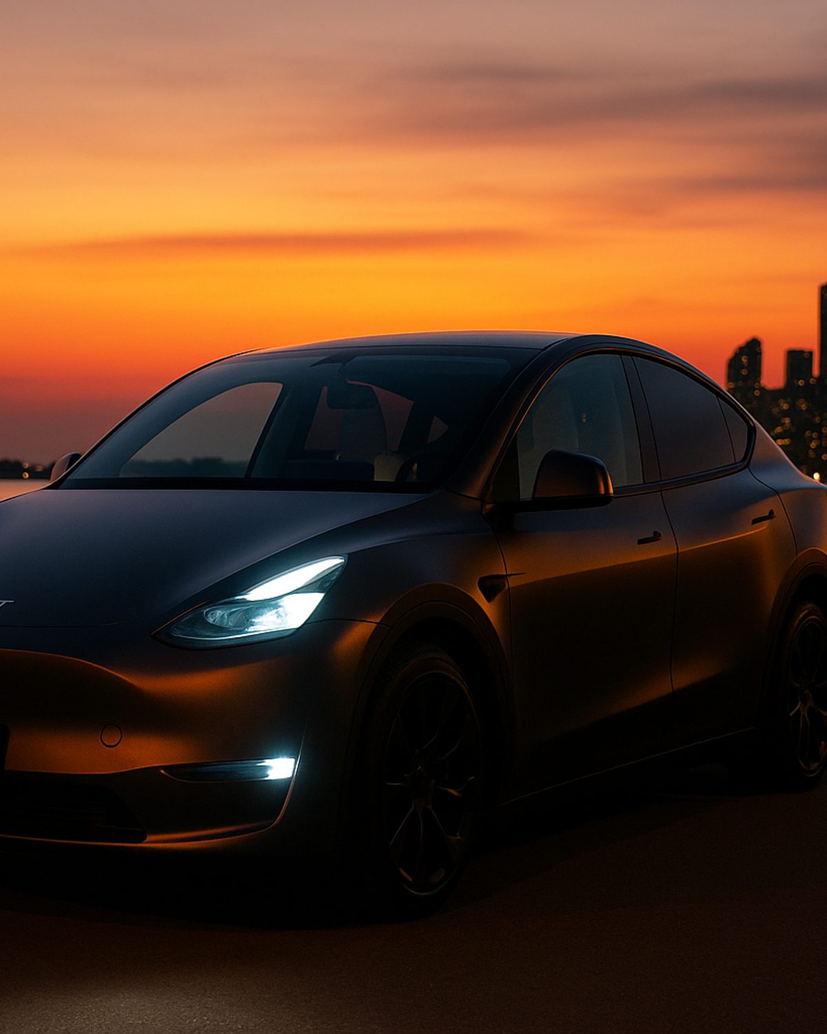 Tesla Model Y electric SUV at sunset