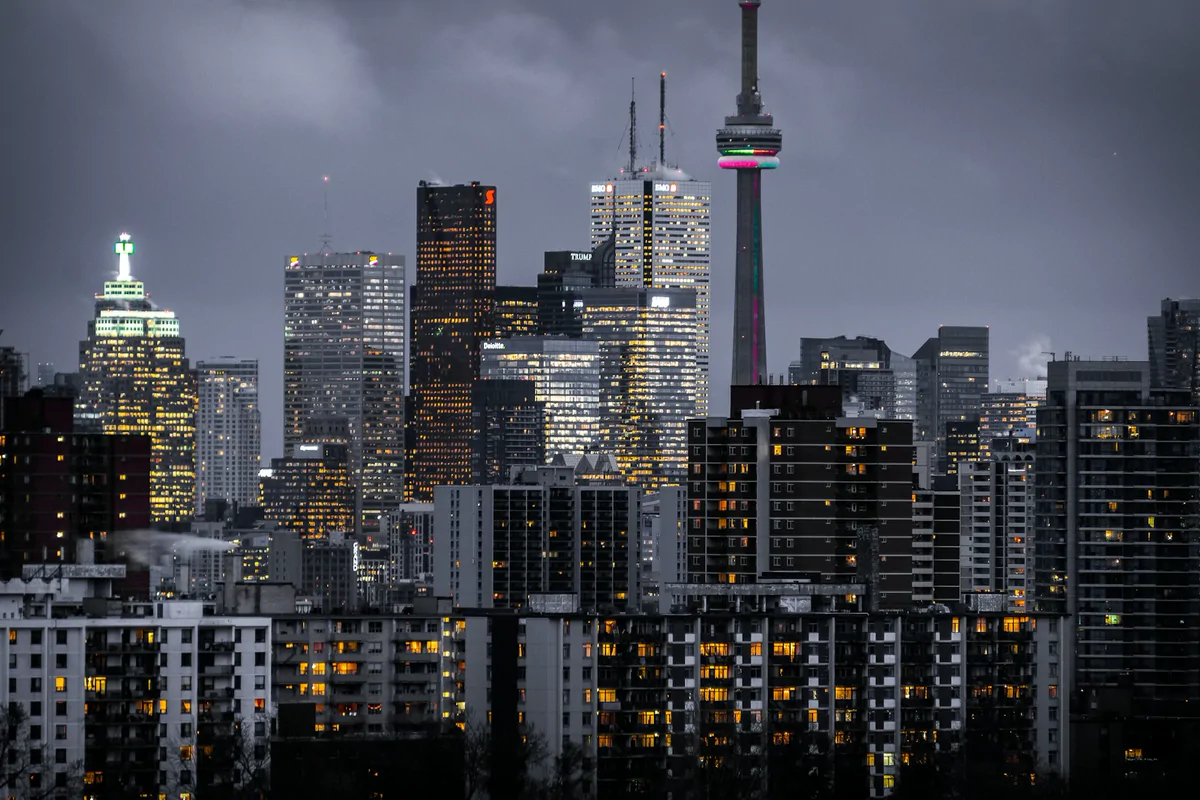 Toronto skyline at dusk with the CN Tower
